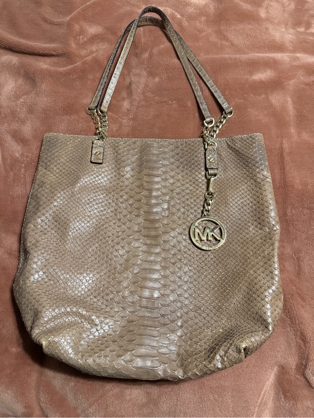 Michael Kors Taupe Python-Embossed Tote with Gold Hardware